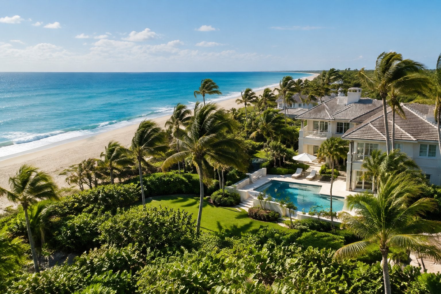 A luxury oceanfront home surrounded by tropical landscaping near a quiet beach.