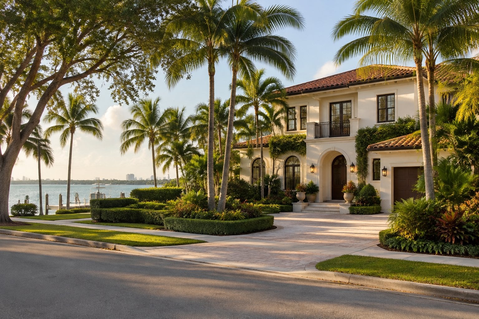 A landscaped waterfront home on a palm-lined street in Miami Shores.