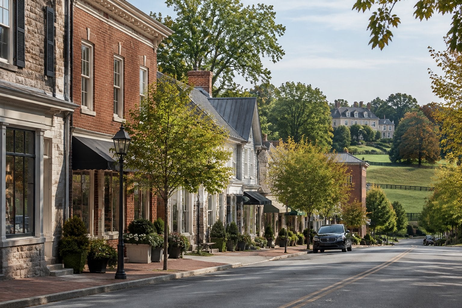 A quiet historic street in Middleburg with brick storefronts, mature trees, and a luxury car.