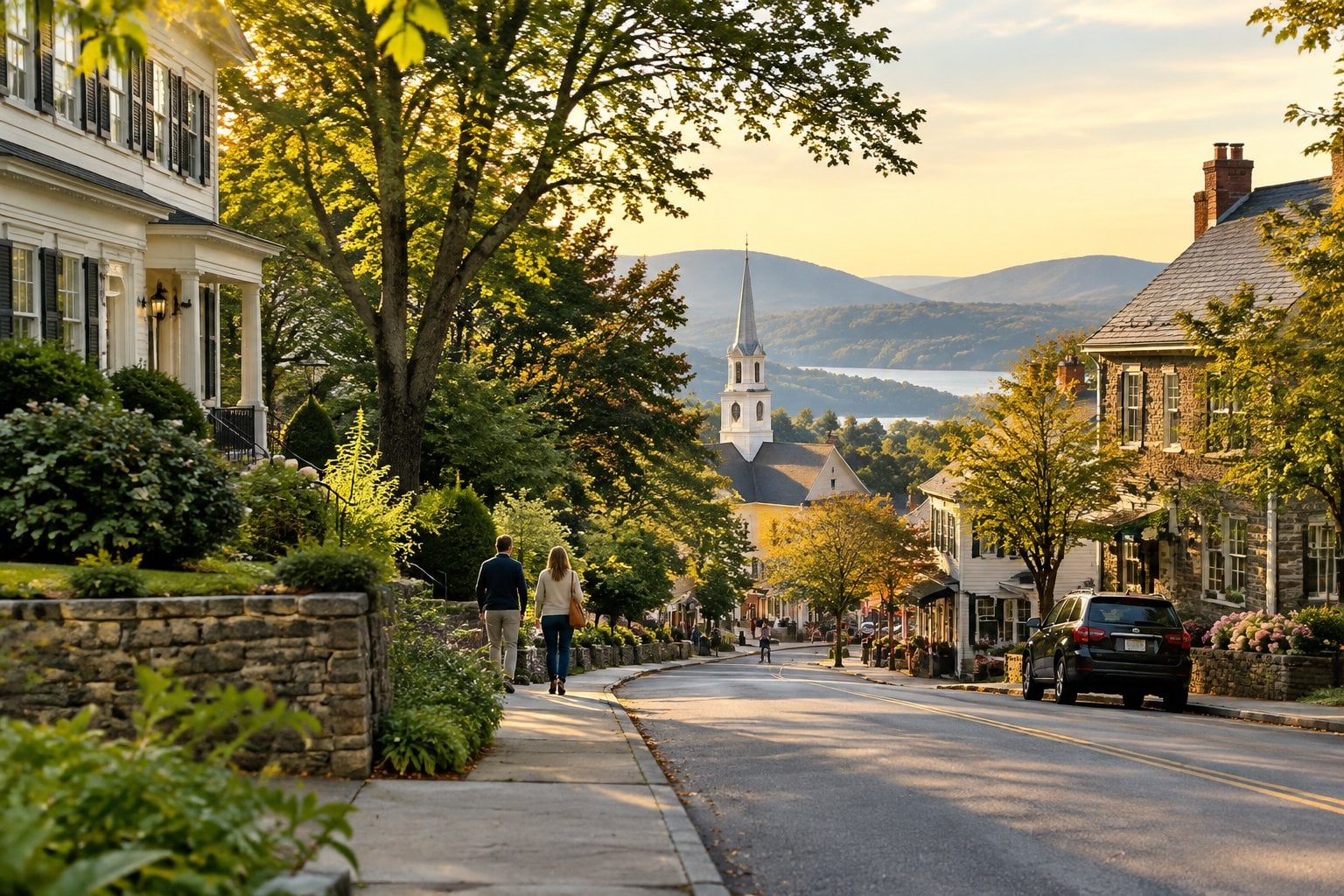 A quiet village street lined with historic homes, leafy trees, and landscaped gardens.