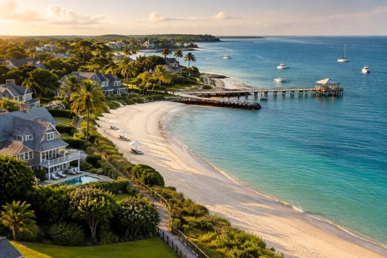 An upscale coastal neighborhood overlooks a curved sandy beach and blue-green ocean.