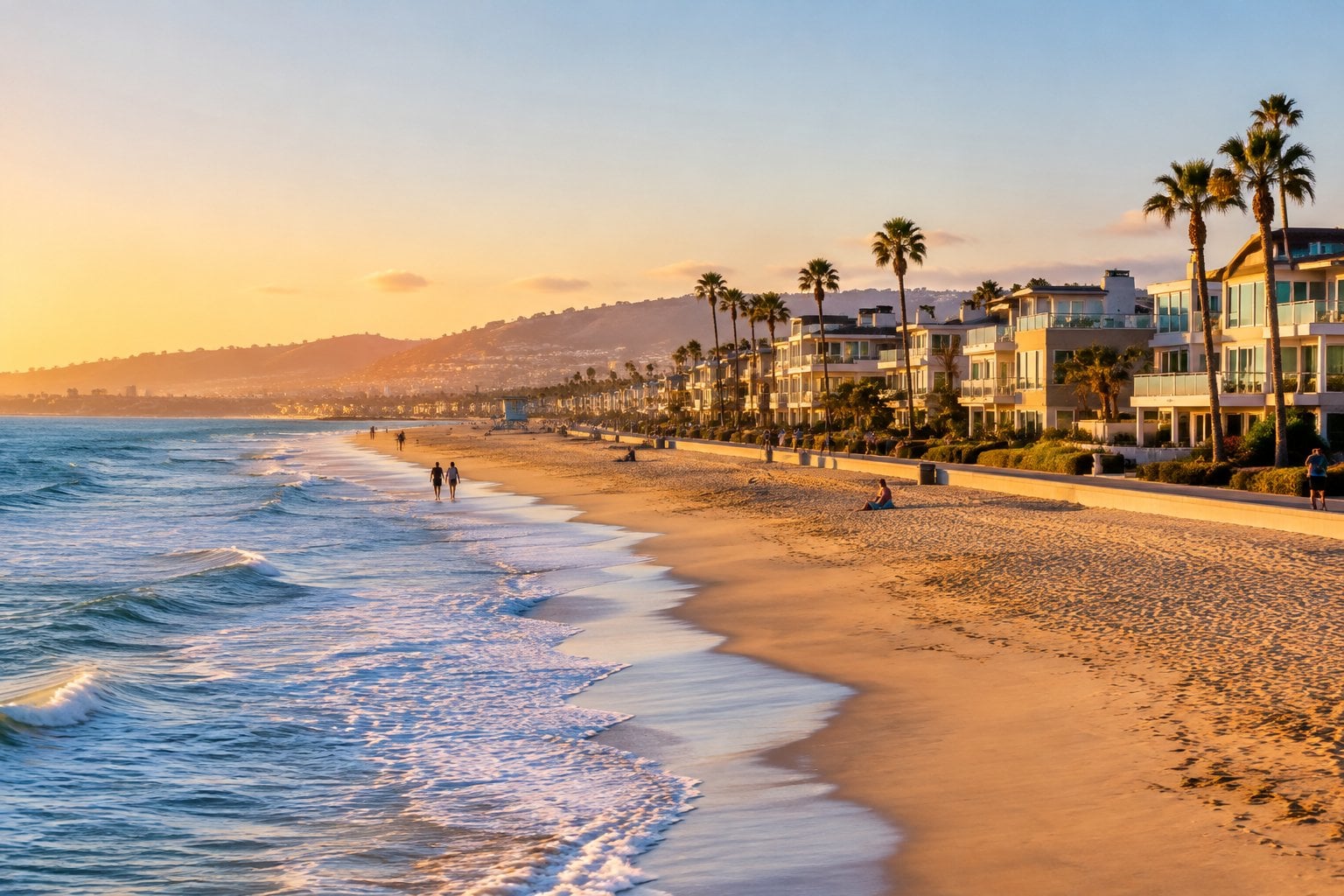 People walk along the sandy shore in front of homes in Hermosa Beach.