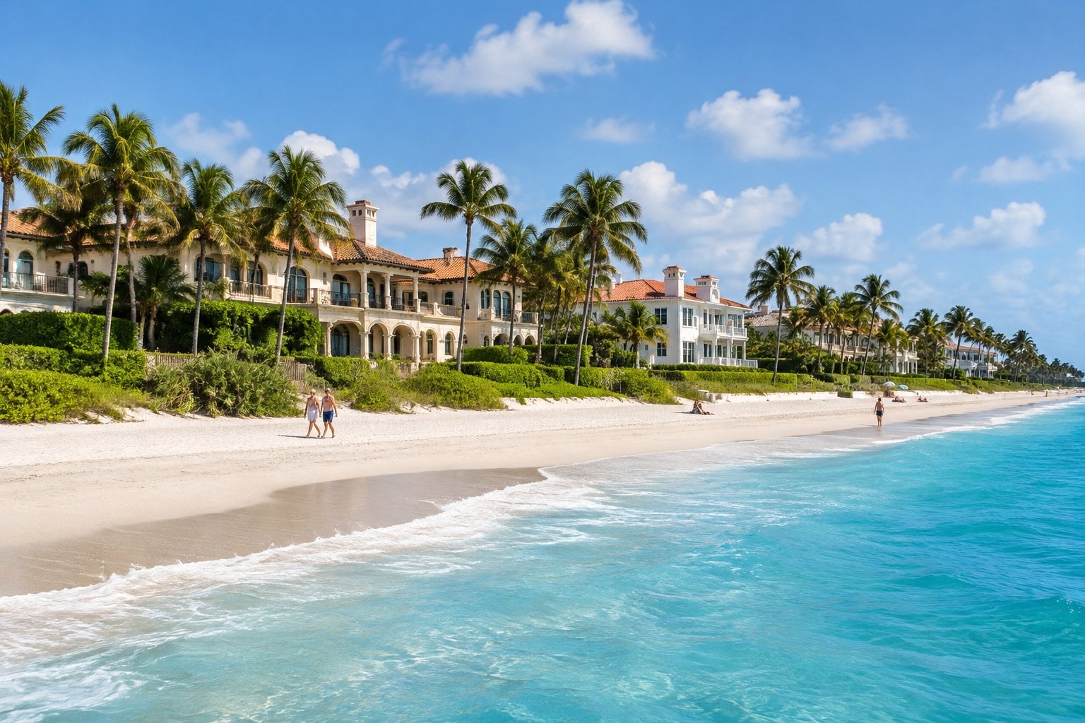 A sunny Palm Beach shoreline with turquoise water, white sand, palm trees, and elegant oceanfront homes.