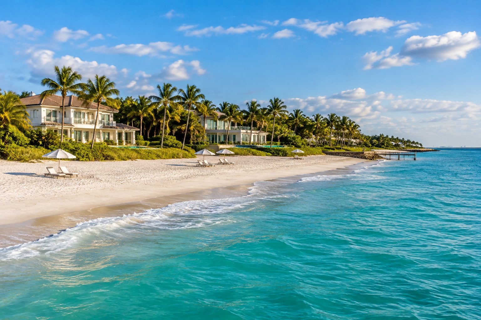 A quiet sandy beach in Key Biscayne with turquoise water, palm trees, and homes along the shore.