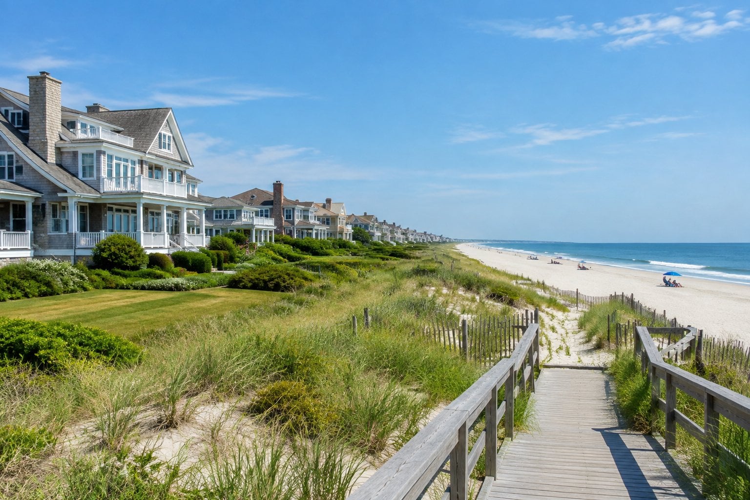 Upscale beach homes overlook a sandy beach and the Atlantic Ocean.