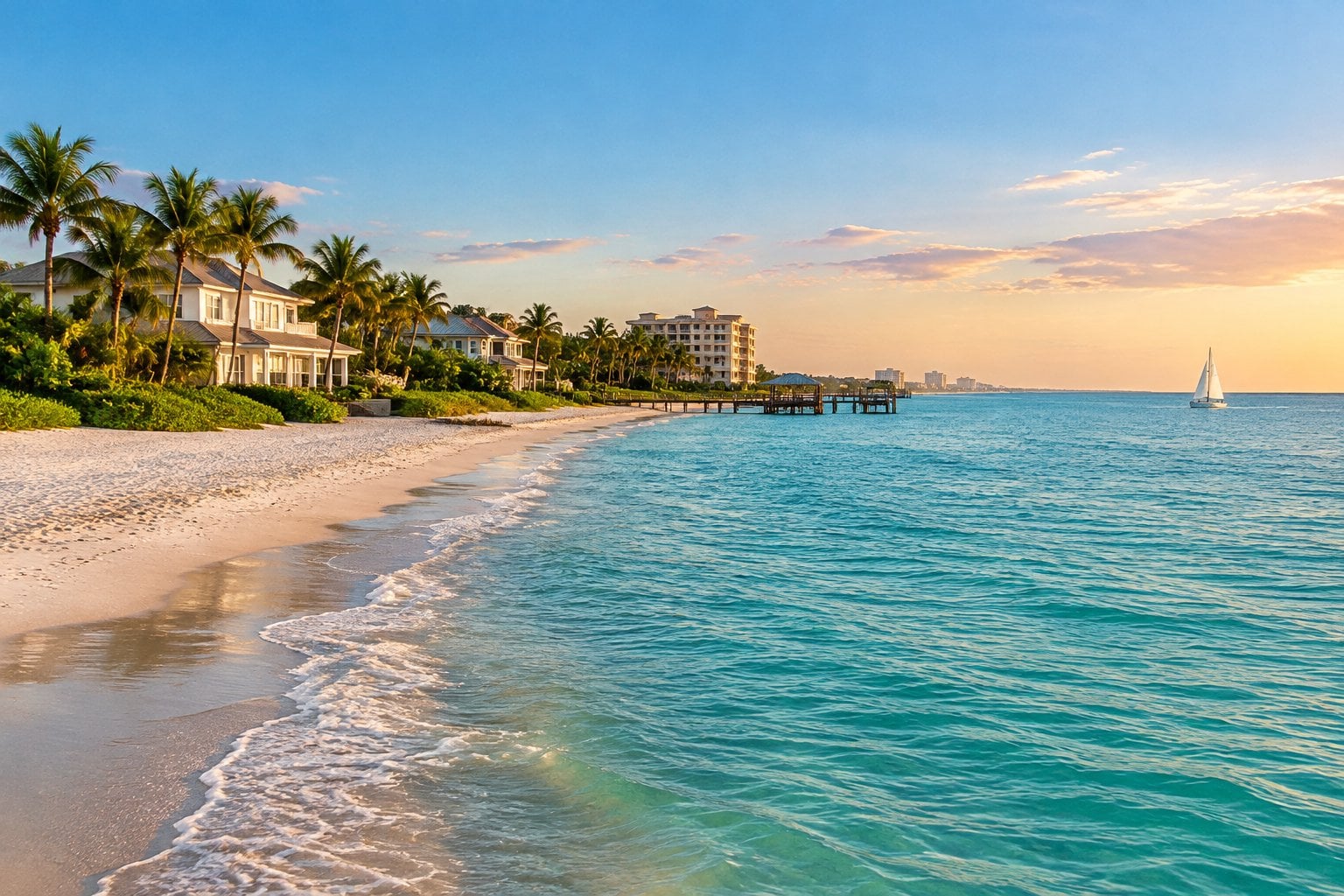 A sunny Naples beach with turquoise water, pale sand, palm trees, and beachfront homes.