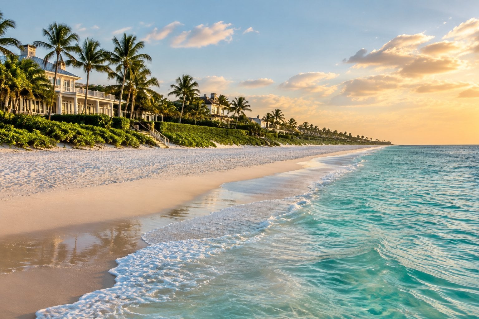 A quiet Florida beach with turquoise water, pale sand, palm trees, and homes along the shore.