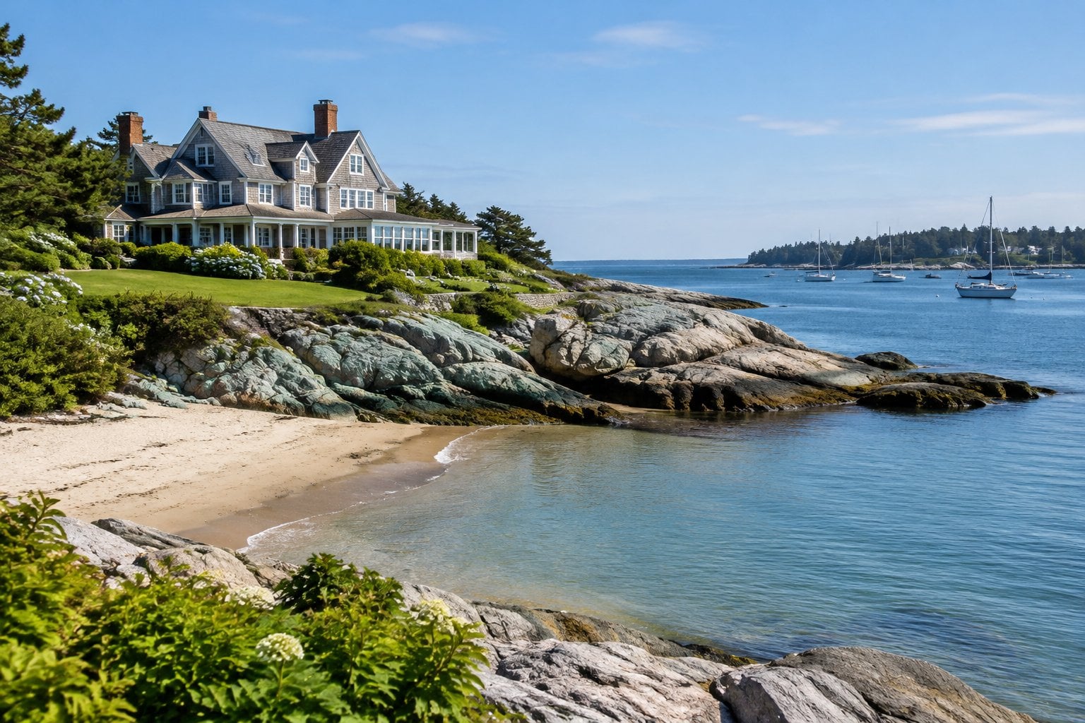 A historic seaside home overlooking a rocky beach and calm water in Kennebunkport, Maine.