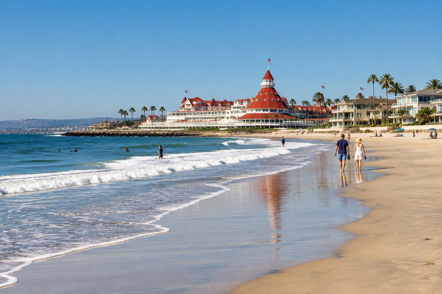 Coronado beach with the Hotel del Coronado in the background.