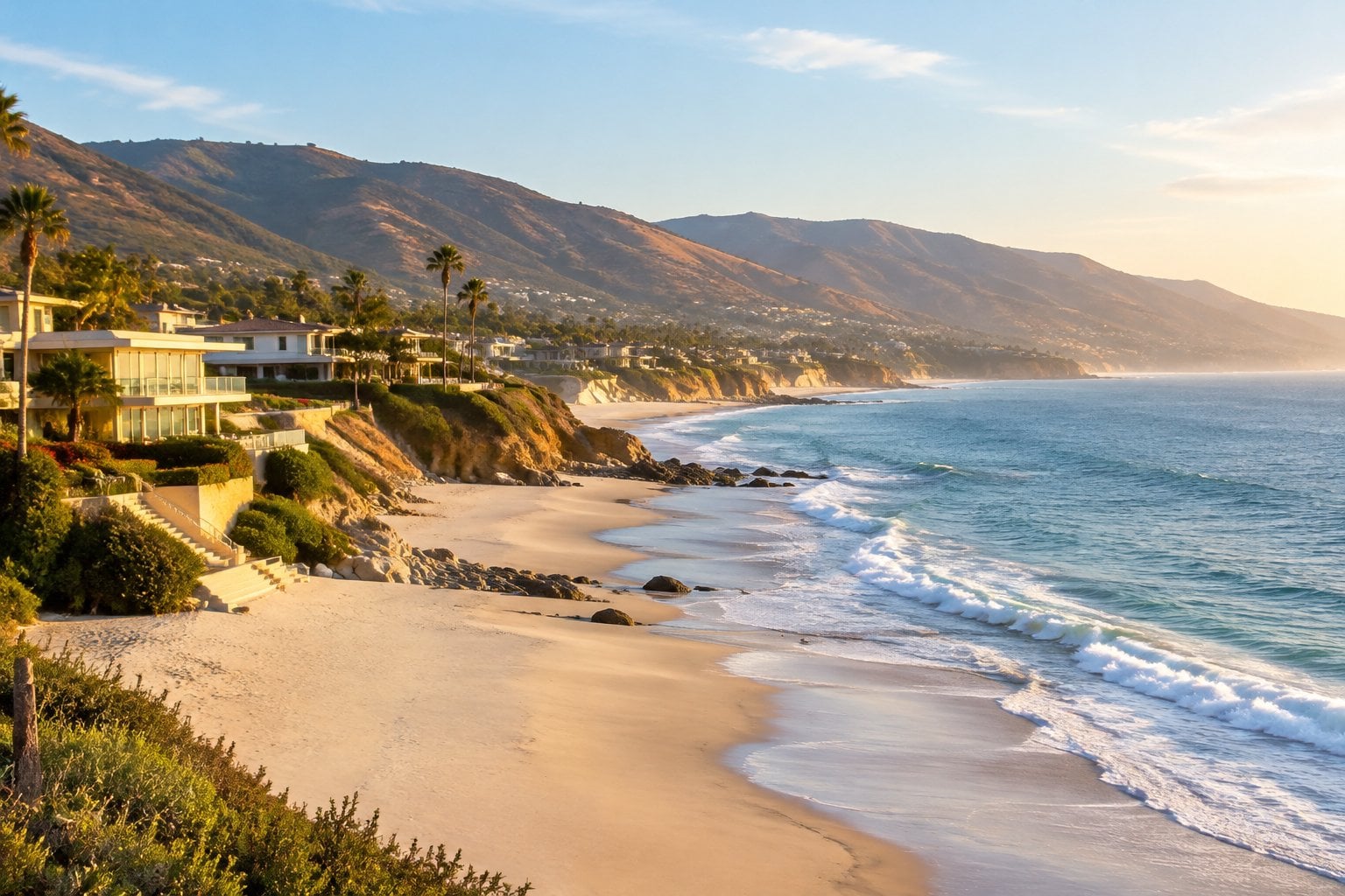 Ocean waves wash onto a sandy Malibu beach with coastal homes nearby.