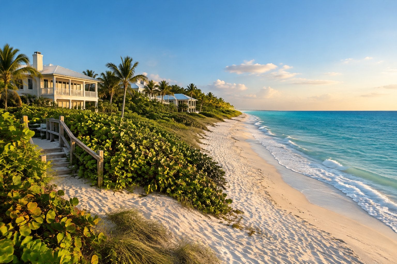 A quiet Florida beach with clear water, pale sand, and homes among tropical greenery.