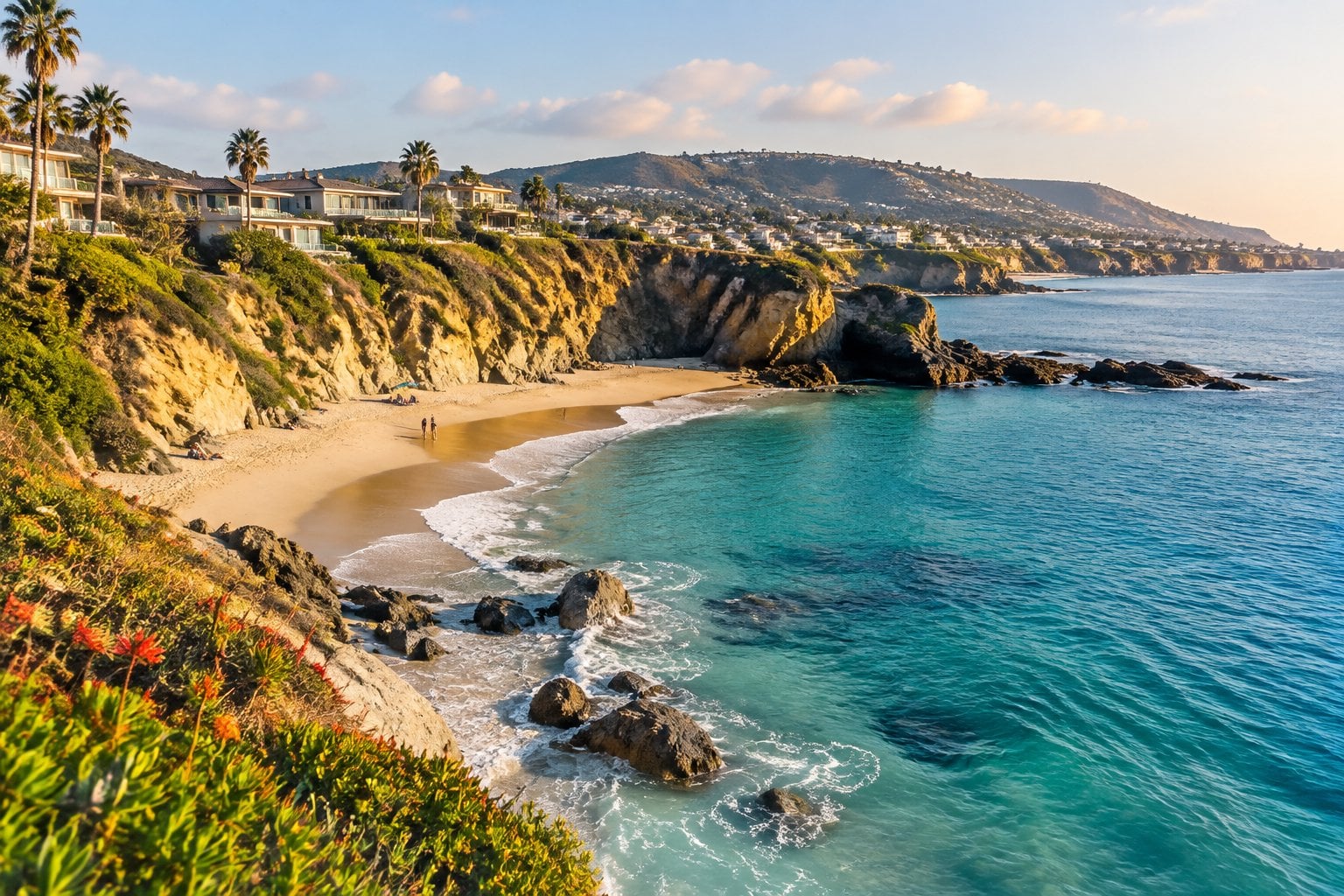 A sandy cove beneath rugged cliffs and hillside homes in Laguna Beach.