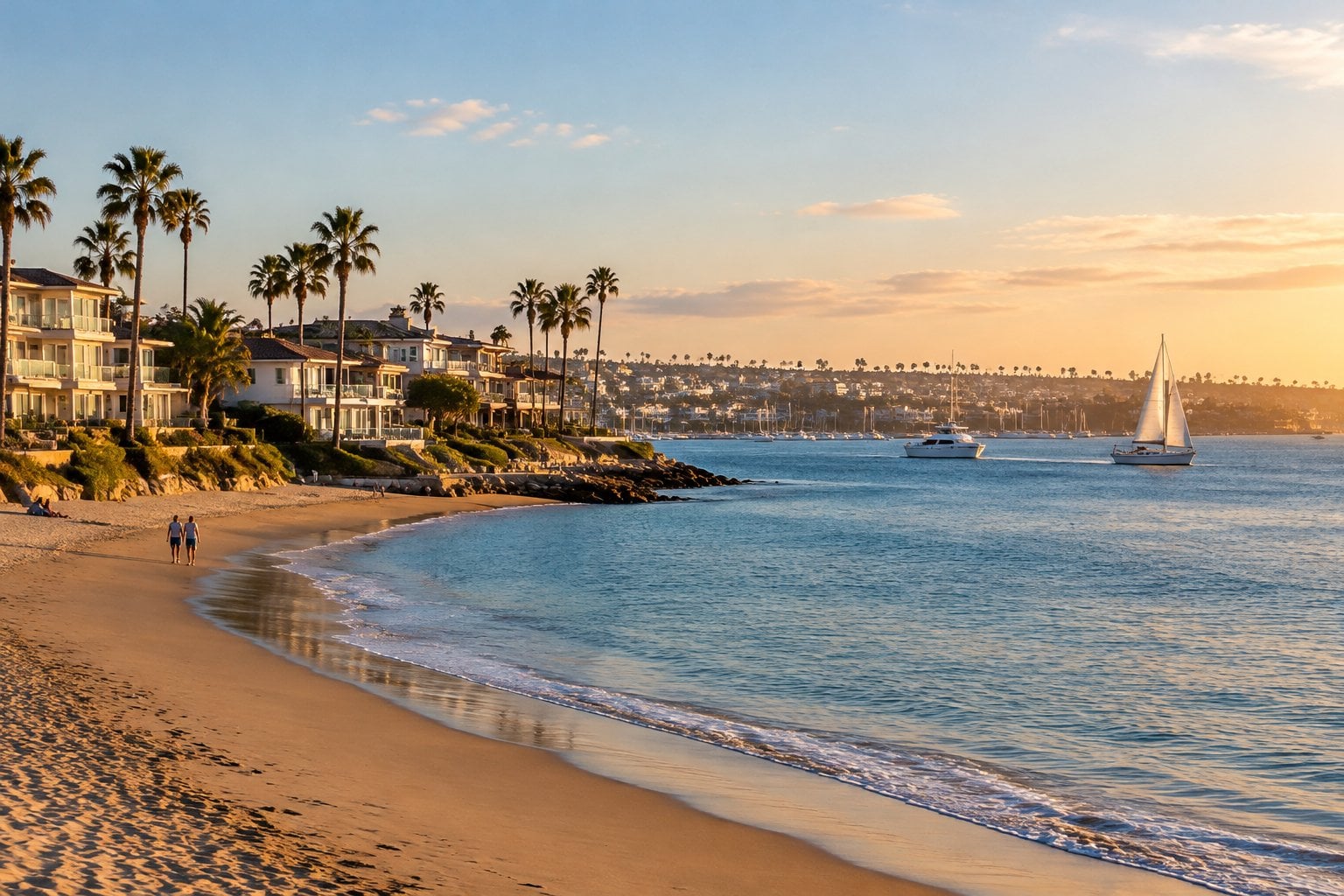 Waterfront homes overlook a sandy beach and sailboats in Newport Beach.