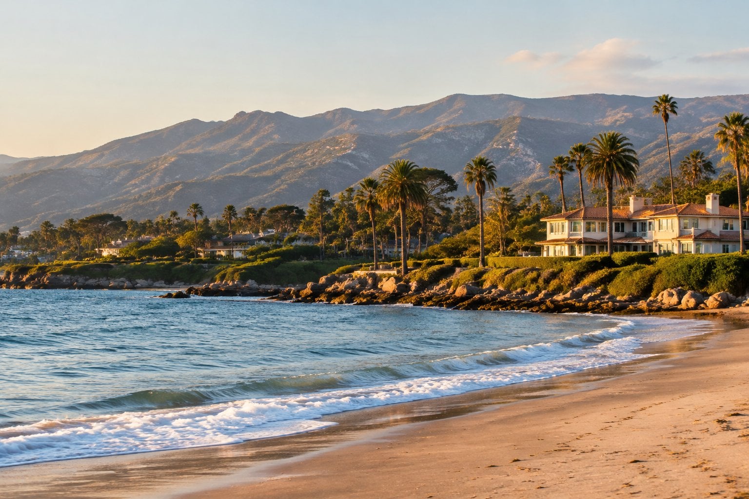 A sandy Montecito beach with oceanfront homes and mountains in the distance.