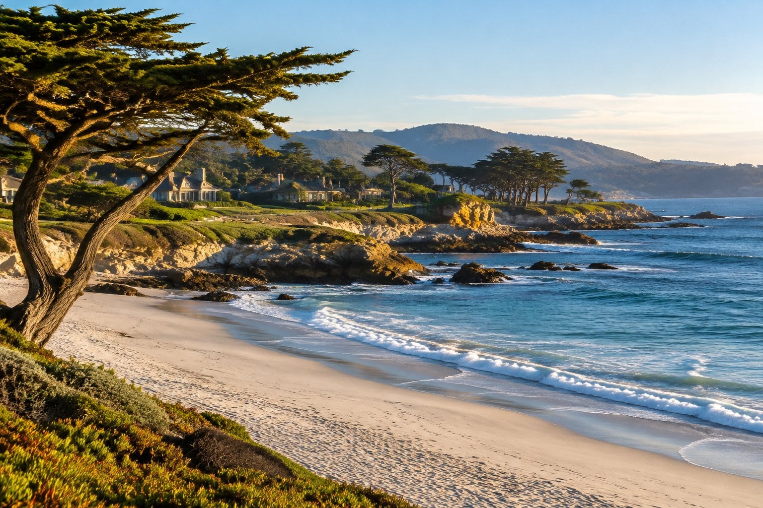 Carmel Beach with ocean waves, cypress trees, and coastal homes.