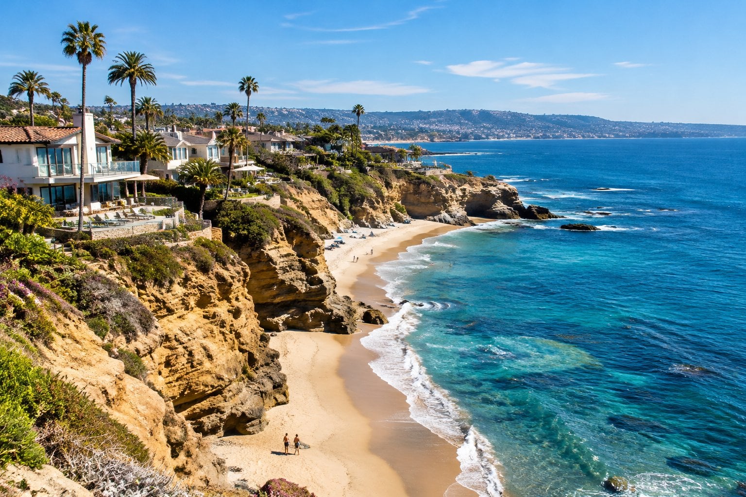 Oceanfront homes overlook a sandy beach and rugged cliffs in La Jolla.
