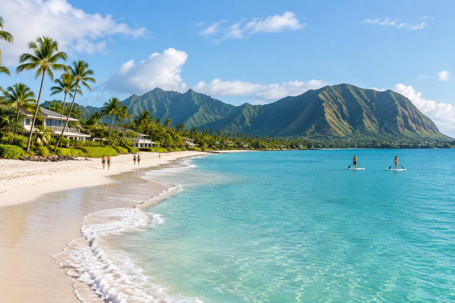 A white-sand beach in Kailua with turquoise water, palm trees, and green mountains in the distance.