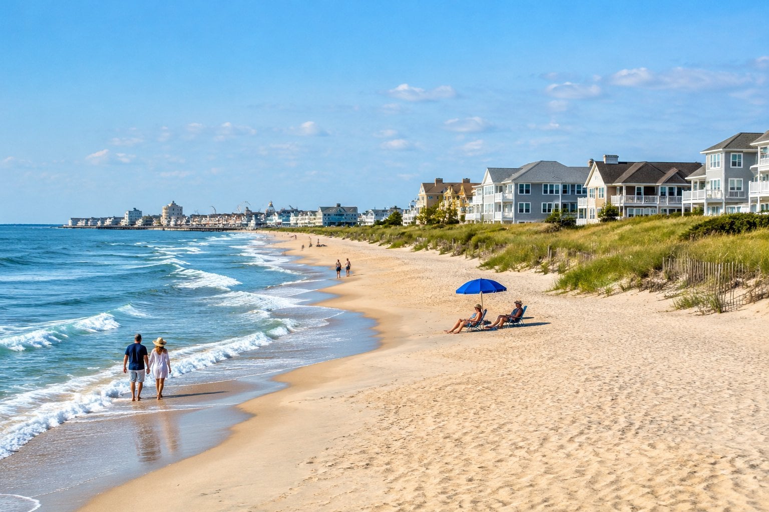Beachgoers walk along the sandy shore near coastal homes and a boardwalk.
