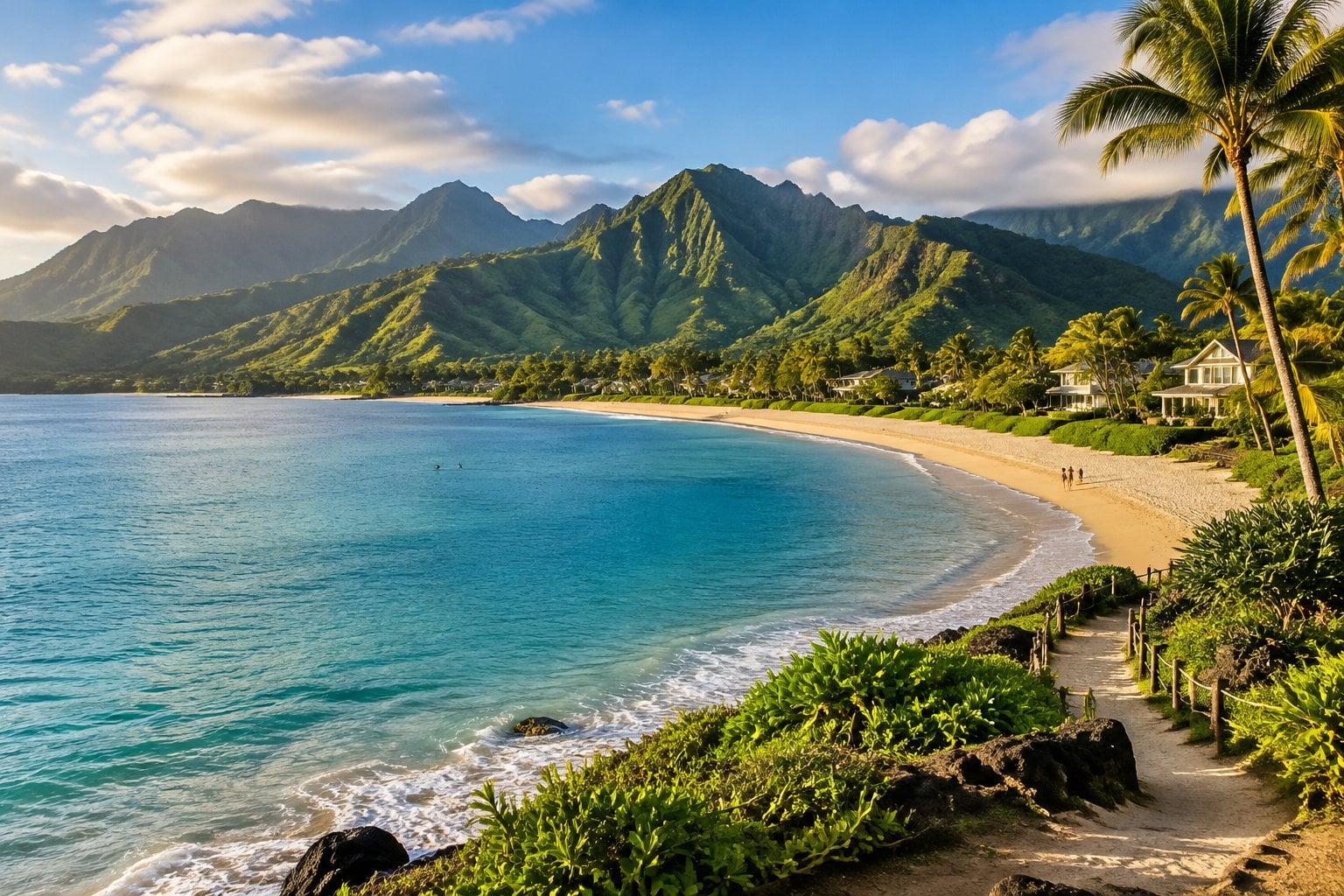 A crescent beach and turquoise bay sit beneath the lush green mountains of Hanalei, Hawaii.