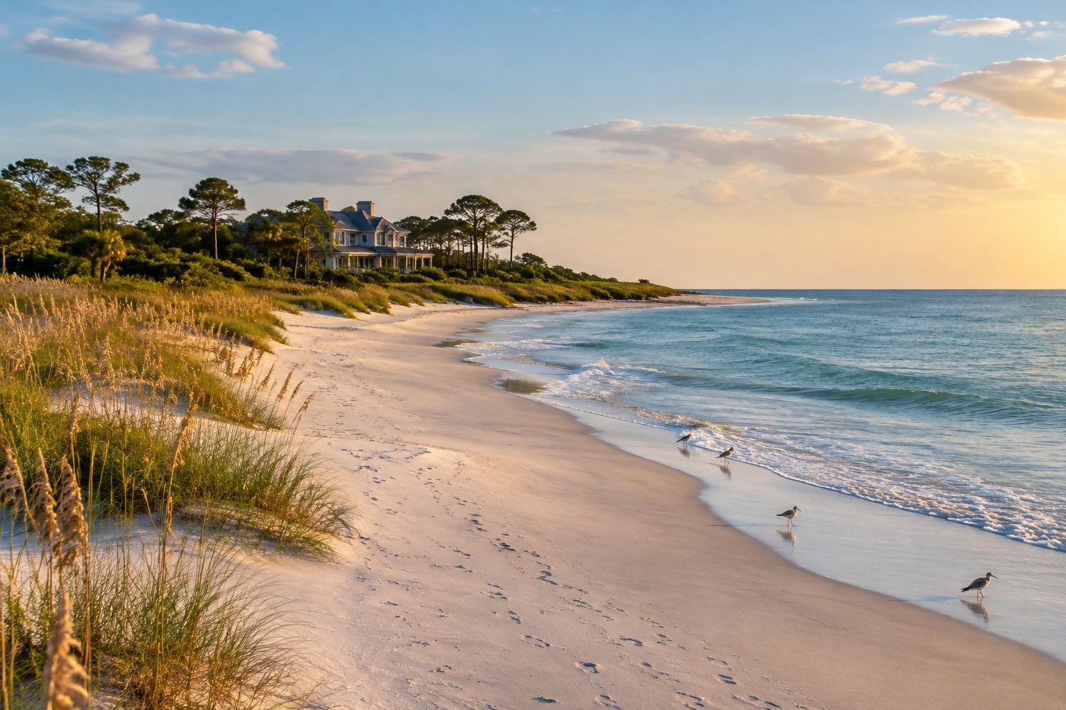 A quiet sandy beach on Kiawah Island with blue-green water, coastal dunes, and trees.