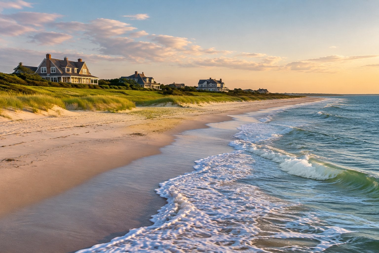 A quiet sandy beach with ocean waves, grassy dunes, and coastal homes in the distance.