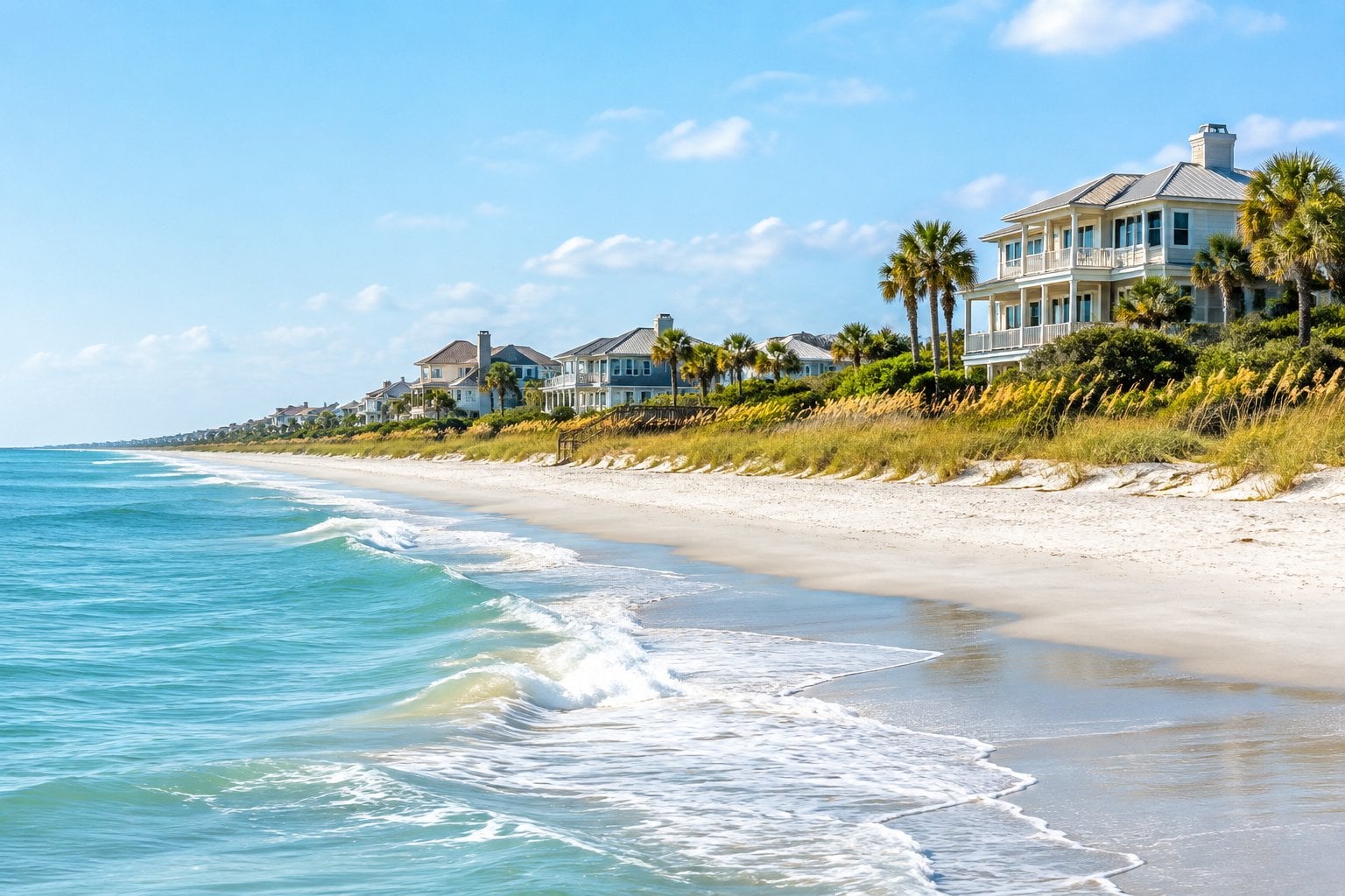 A quiet sandy beach with gentle waves and upscale homes along the shore.