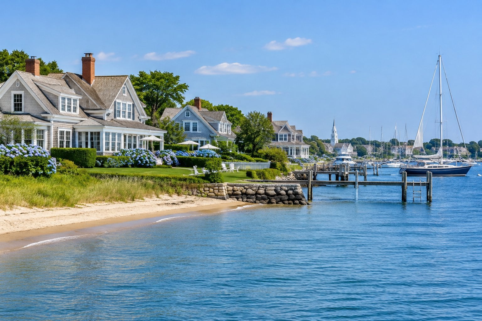 White-shingled coastal homes overlook a sailboat-filled harbor in Edgartown.