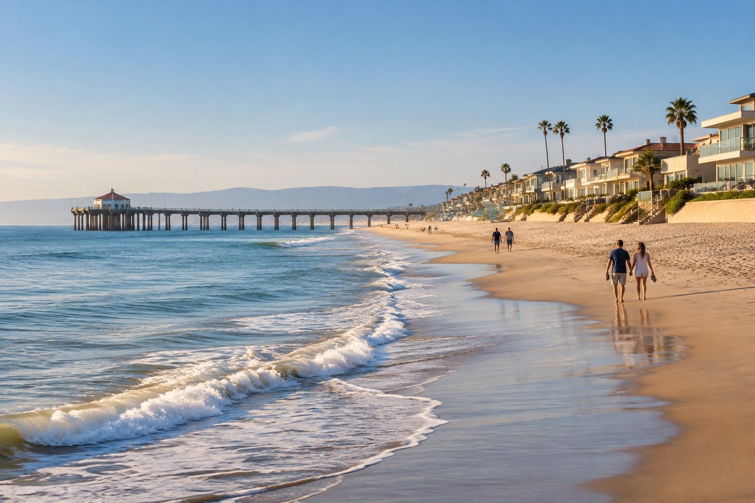 People stroll along a sandy Manhattan Beach shoreline with the pier and ocean in the distance.