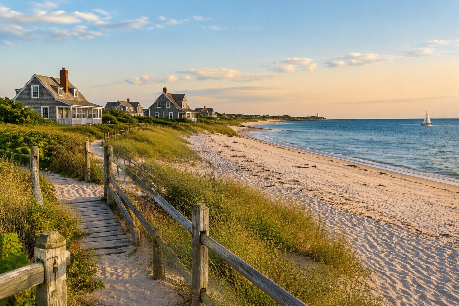 A sandy Nantucket beach beside calm water, with coastal homes in the distance.