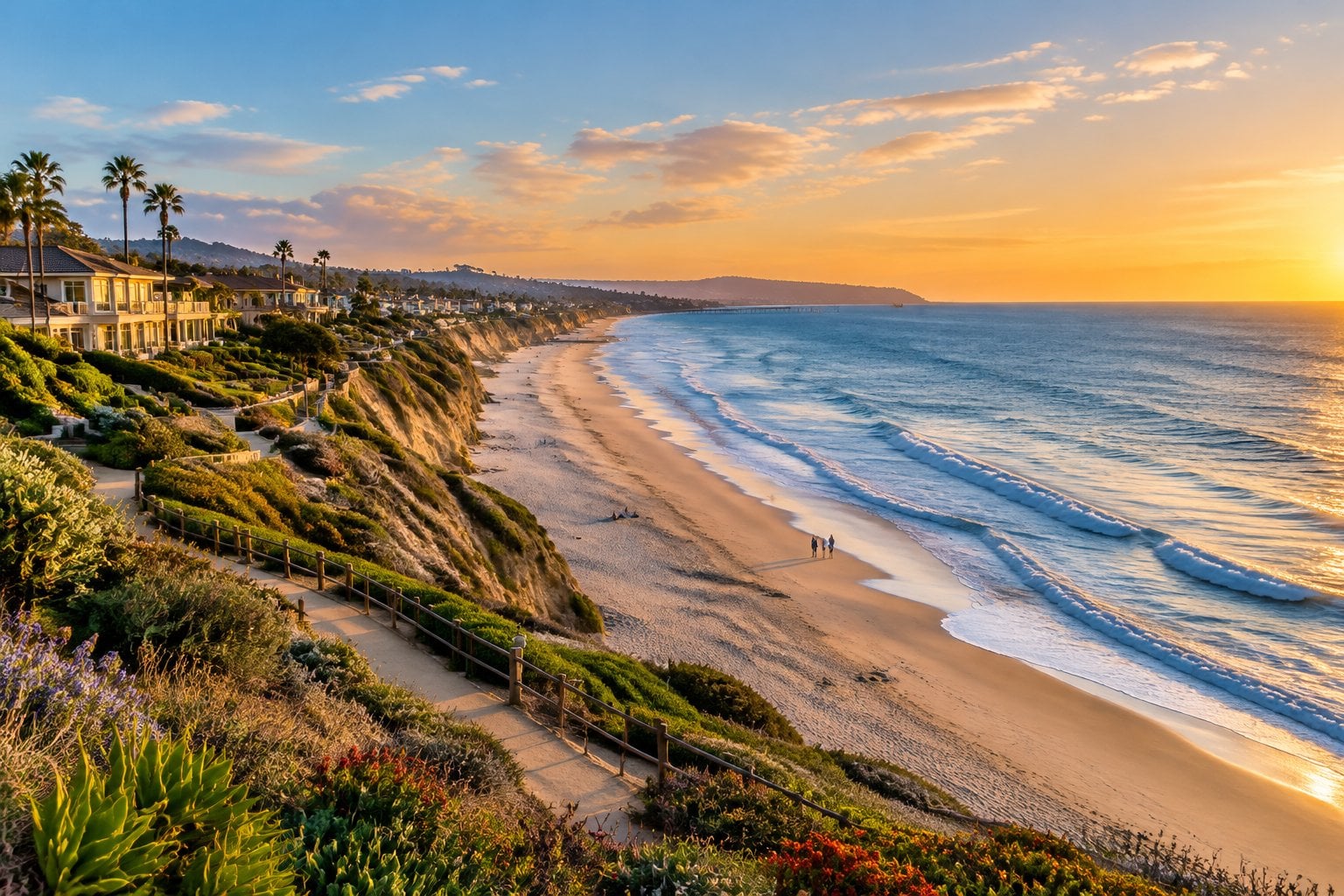 Waves reach a sandy beach beneath coastal homes in Del Mar, California.