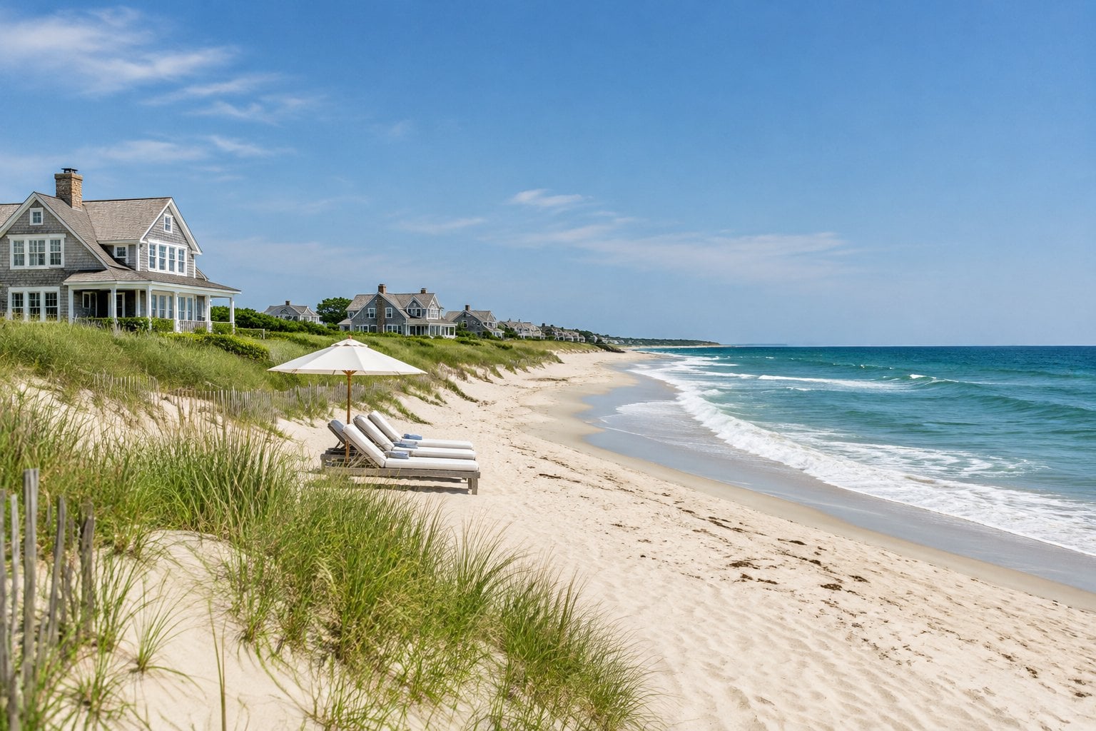 A quiet East Hampton beach with ocean waves, sandy dunes, and elegant coastal homes.
