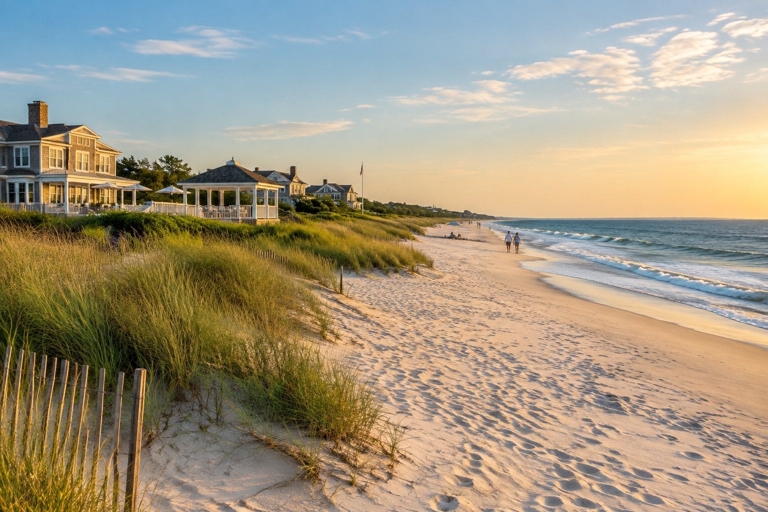 A sandy Southampton beach with gentle waves, beach grass, and oceanfront homes.