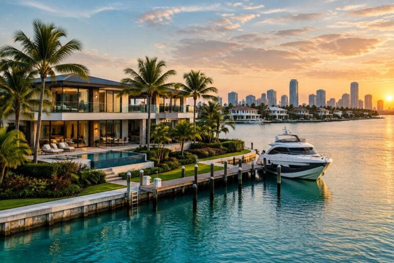 A luxury waterfront home with a private dock and yacht.