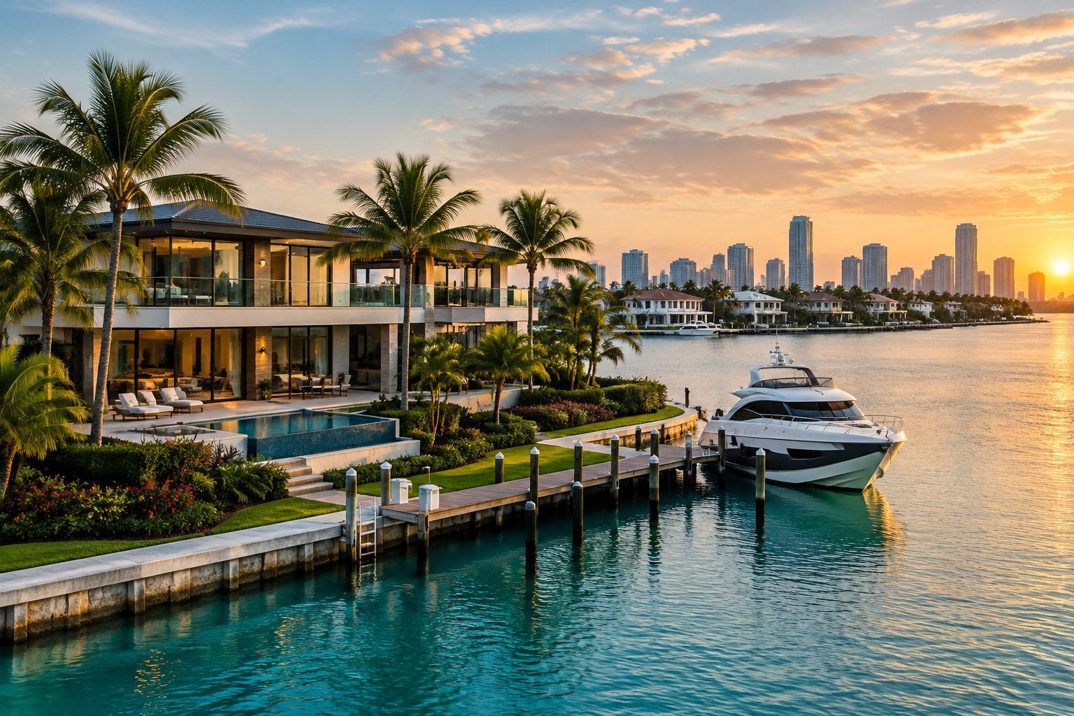 A luxury waterfront home with a private dock and yacht.