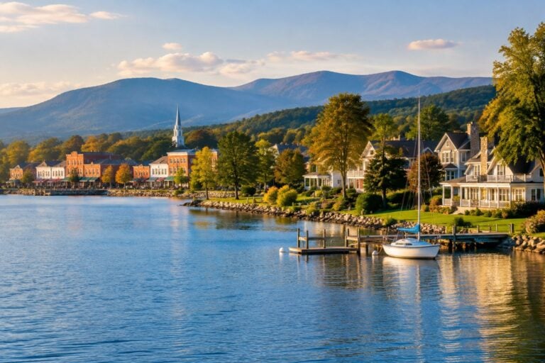 An upscale small town with waterfront homes beside a lake and mountains.