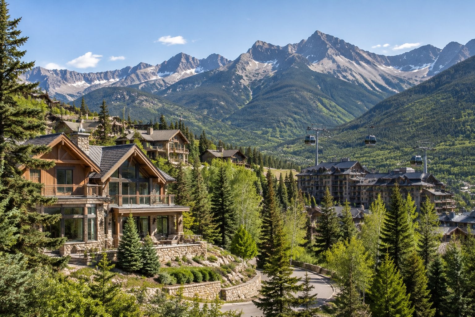 An alpine village among evergreen forests beneath rugged Colorado mountain peaks.