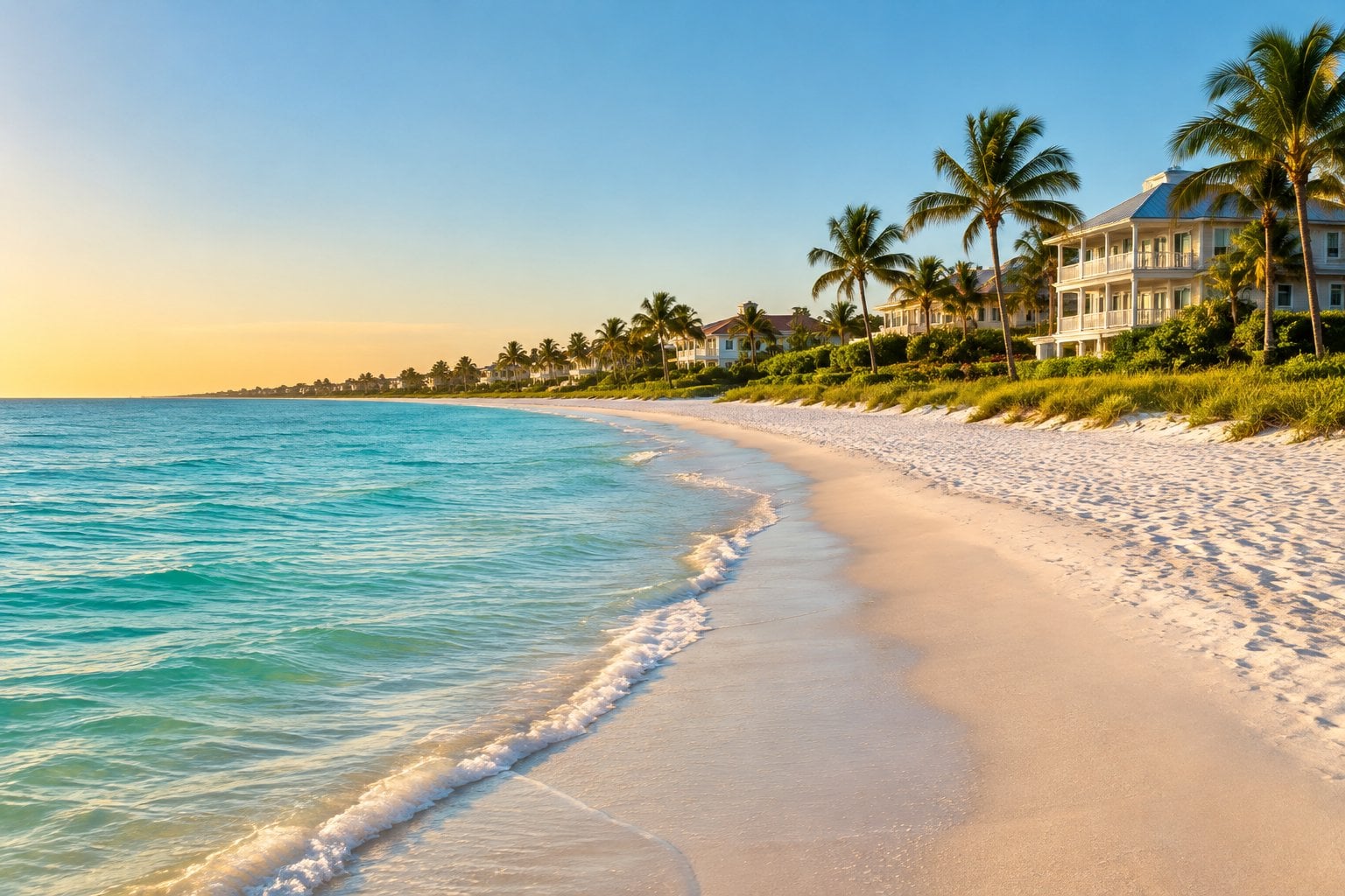 A quiet Naples beach with turquoise water, palm trees, and upscale homes.