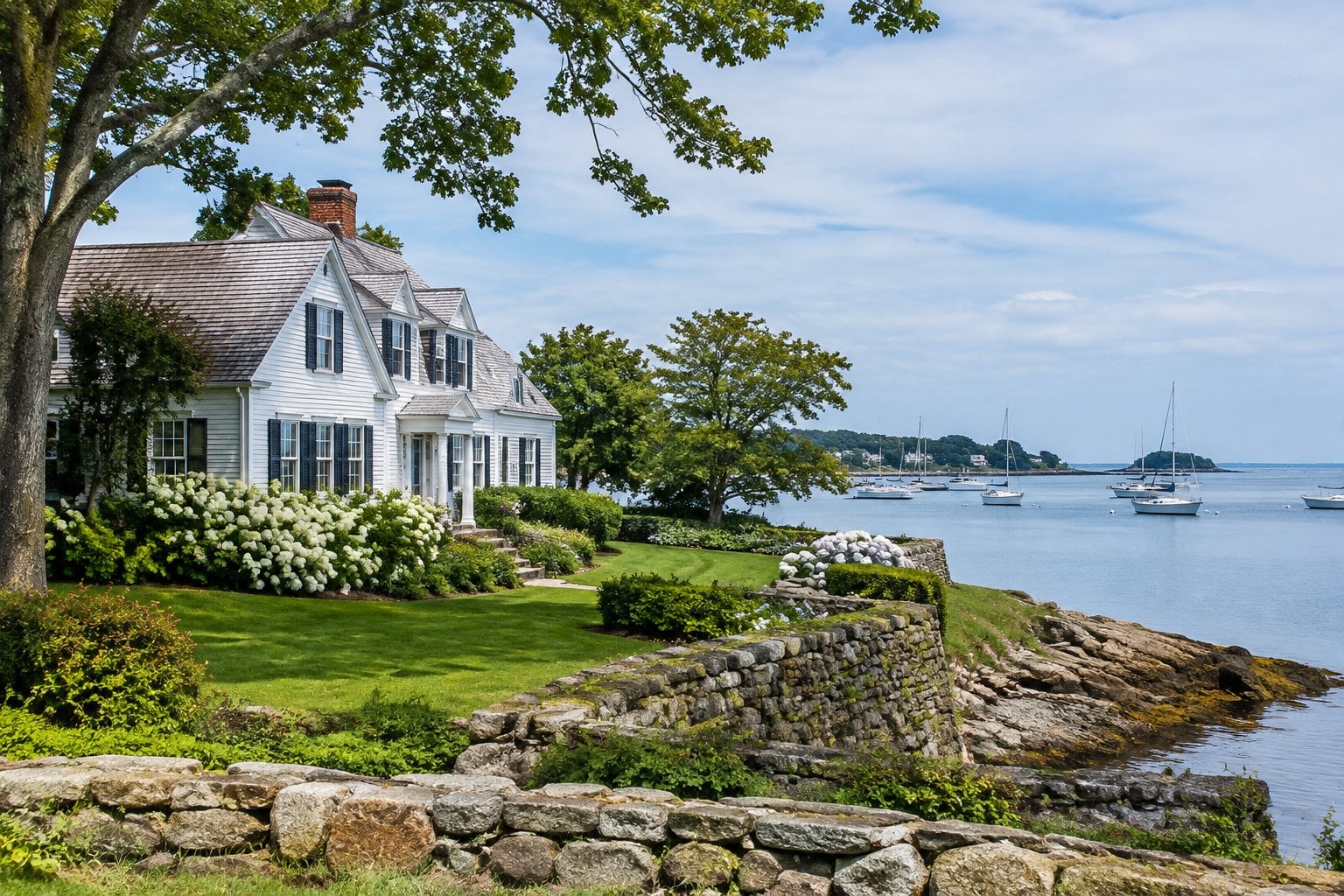 A large white coastal home overlooking a quiet harbor in New Castle, New Hampshire.
