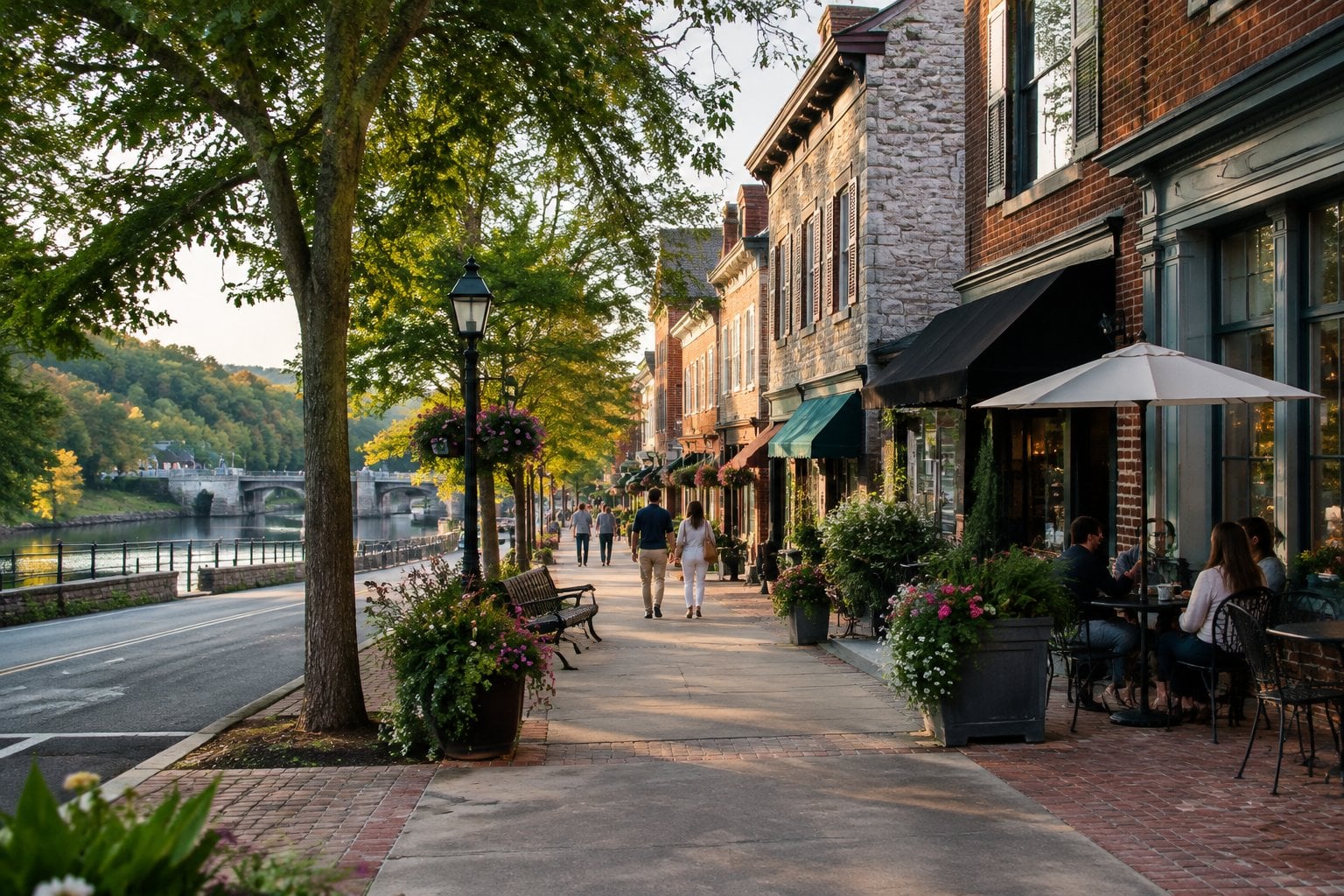 People stroll along a historic street lined with brick buildings and leafy trees.