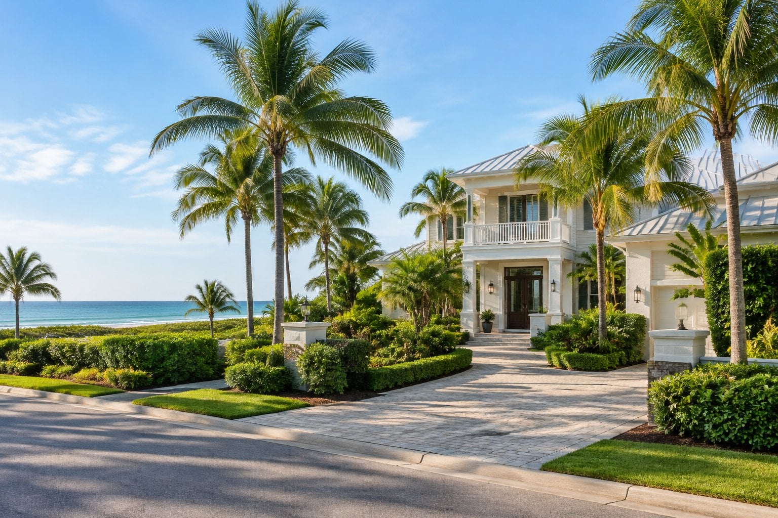 An elegant oceanfront home surrounded by palm trees and tropical landscaping.