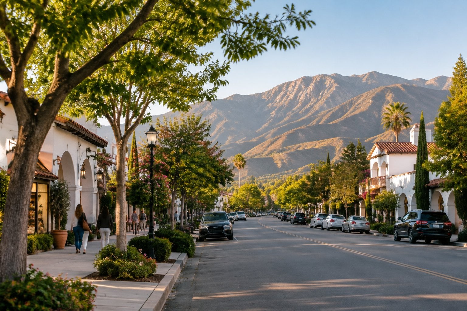 A tree-lined street in Ojai with storefronts, pedestrians, and mountains in the distance.