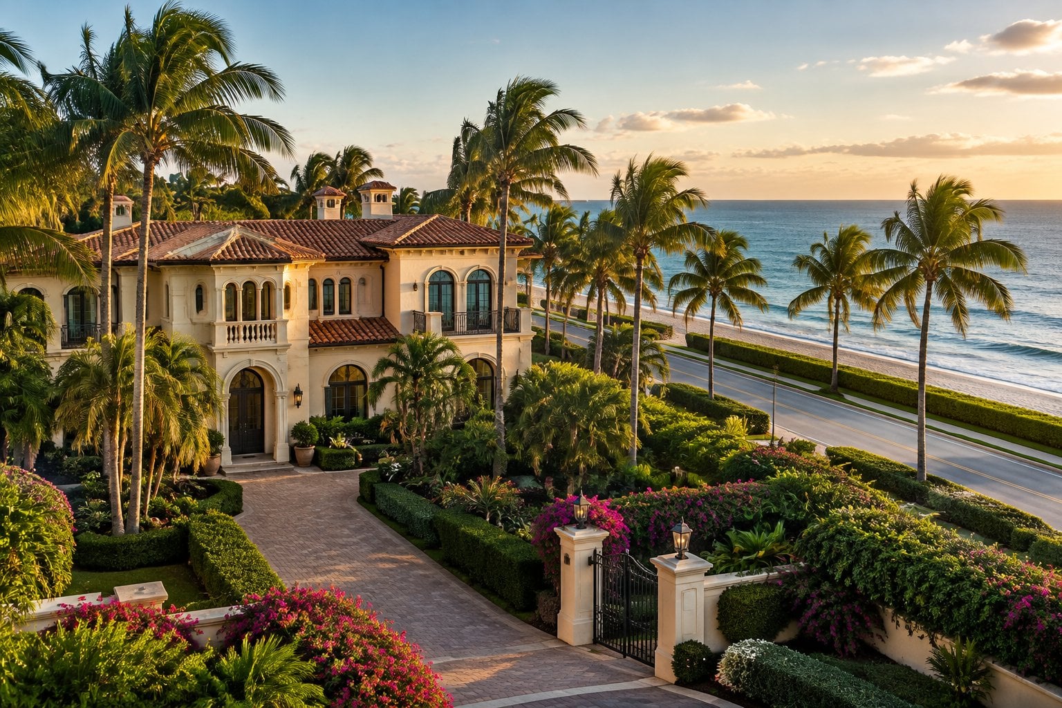 A large mansion surrounded by palm trees and tropical landscaping near the ocean.