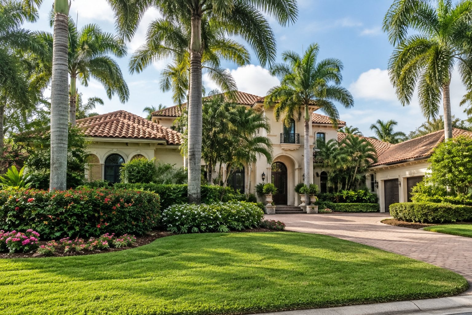 A luxury home surrounded by palm trees and tropical landscaping.
