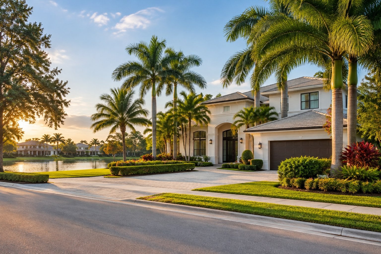 A large home surrounded by palm trees and lush landscaping beside a quiet Florida neighborhood.