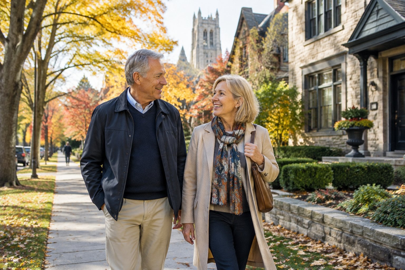 A retired couple walks beneath autumn trees along a residential street in Ann Arbor.
