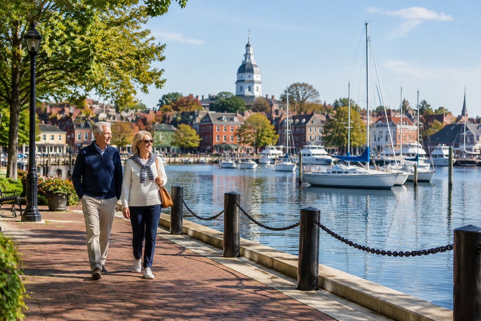 An older couple walks beside sailboats moored in Annapolis Harbor.
