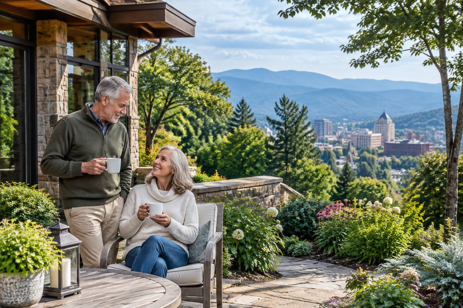 A retired couple relaxes outside an elegant home with the Blue Ridge Mountains in the distance.