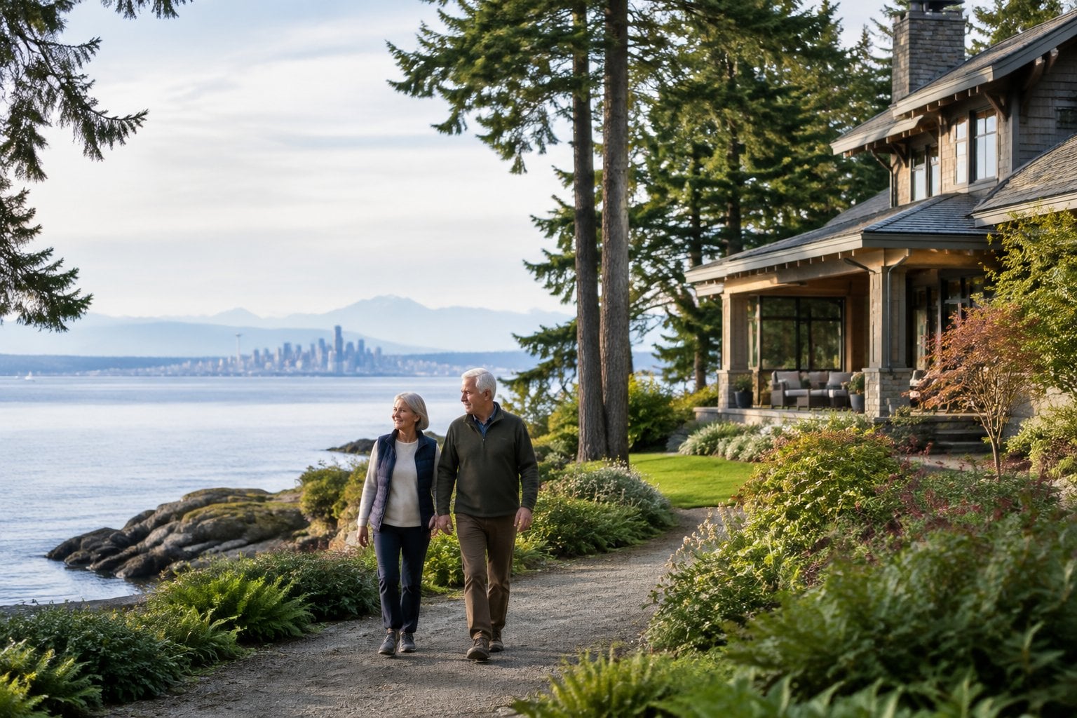An older couple walks along a coastal path beside a waterfront home on Bainbridge Island.