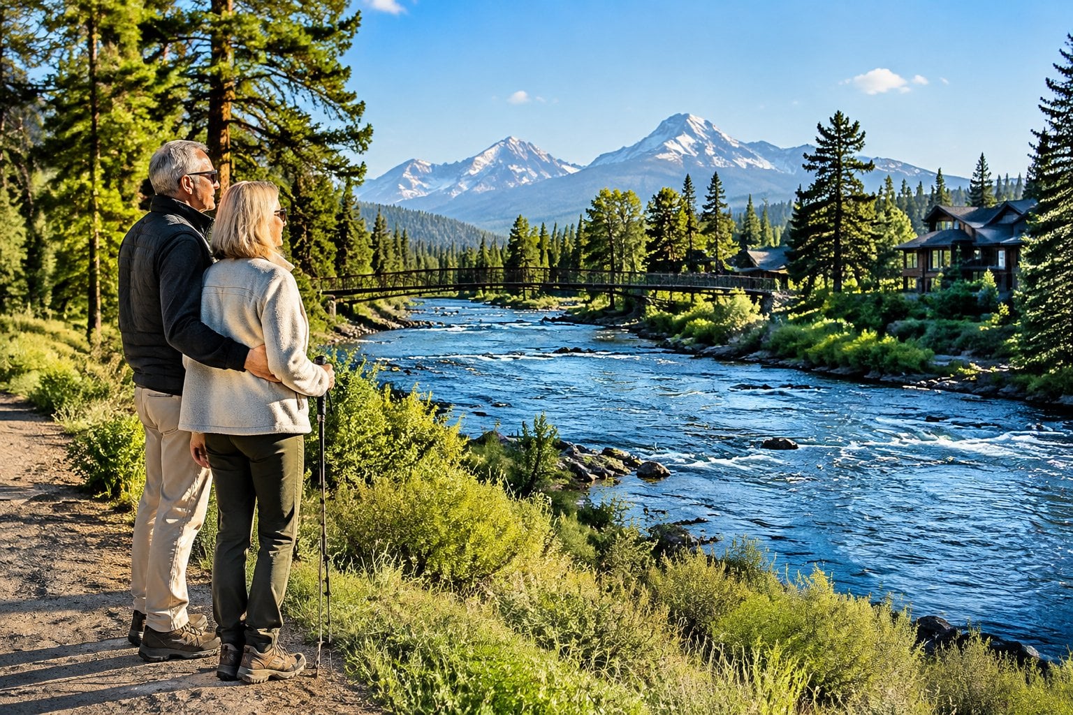 An older couple pauses beside the Deschutes River with the Cascade Mountains in the distance.