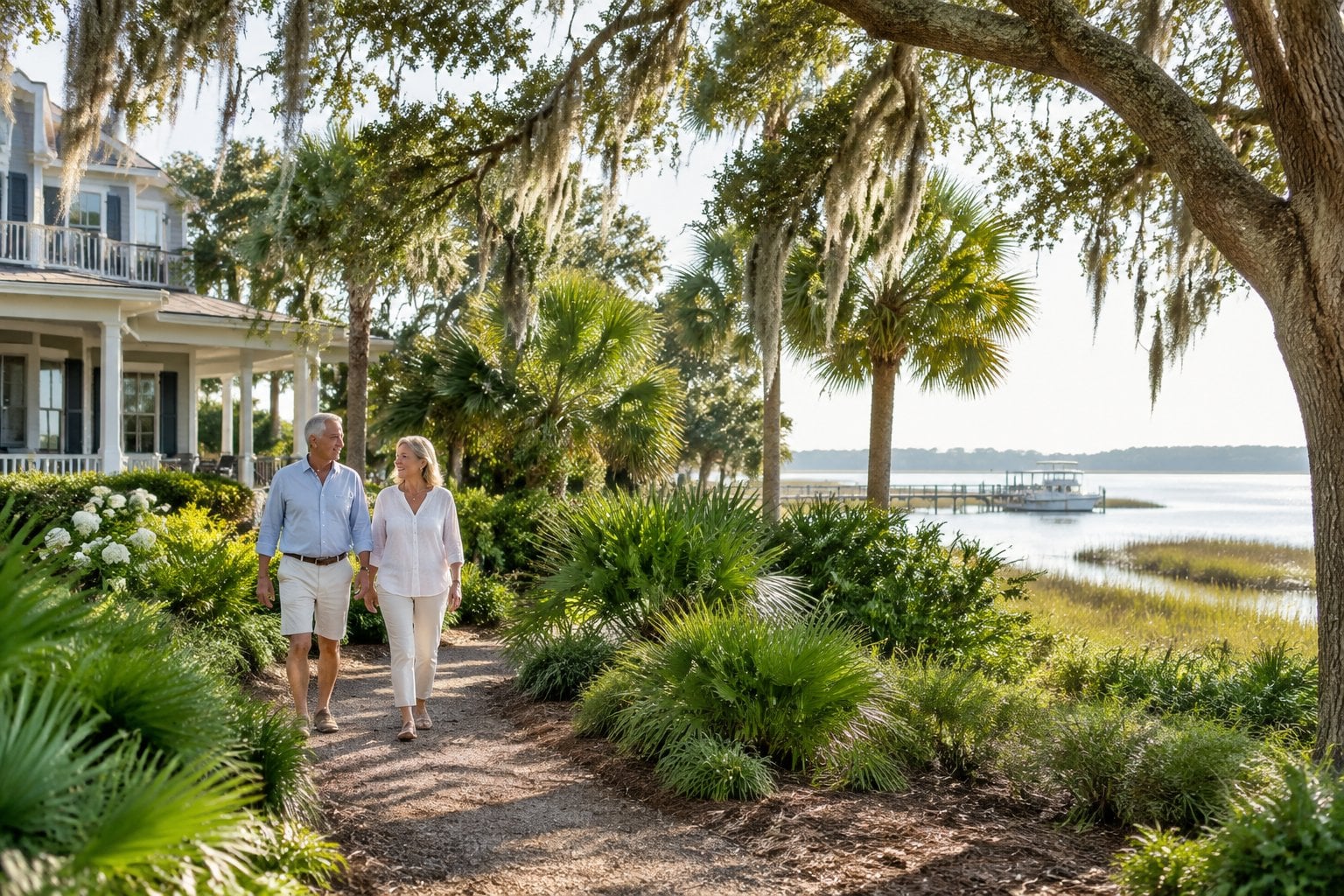 An older couple walks beside a Lowcountry home and tidal creek in Bluffton.